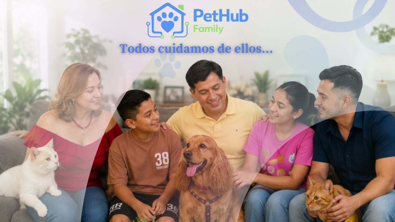 A family at home with their pets, cover of the PetHub Family video